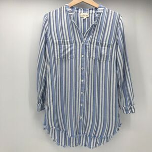 Anthropologie Cloth & Stone Tunic Top Womens XS Blue White Stripe V Neck Raw Hem